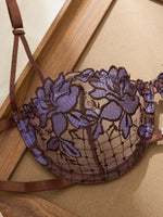 Purple Floral Embroidery Fishnet Lingerie Set Women Sheer Underwire Bra Side Tie Thong Sexy Ladies Underwear ZA825200