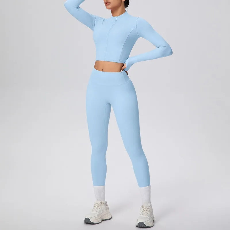 New Women Yoga Set Solid Color Double-Sided Brushed Bare Feel Short Long-Sleeve Jacket Tight Pants Running Fitness 2-Piece Set