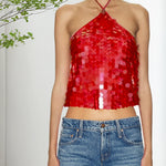 Women Solid Color Camis Tops Sequins Tie-Up Halter Neck Casual Summer Sleeveless Loose Fit Camisole Streetwear