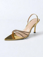 Sexy Crystal Slingback Women Golden Back Strap Sandals Narrow Band Pointed Toe High Heels Pumps Party Summer Outdoor Dress Shoes