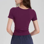 Big round Neck Yoga T-Shirt Short-Sleeved Slimming Sports Top with Fixed Chest Cushion for Running Pilates Summer Stretch