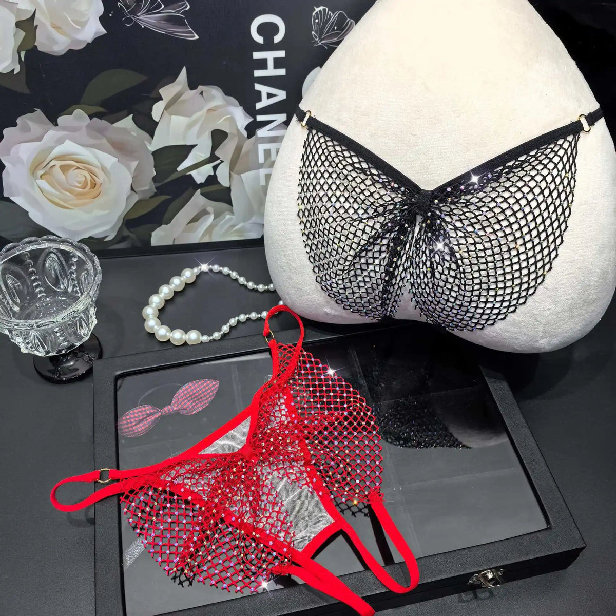 Rhinestone Sex Underwear Fishnet Crotchless Open T Pants Couple Panties Lace Women G String Hot Erotic Briefs Thong Intimates