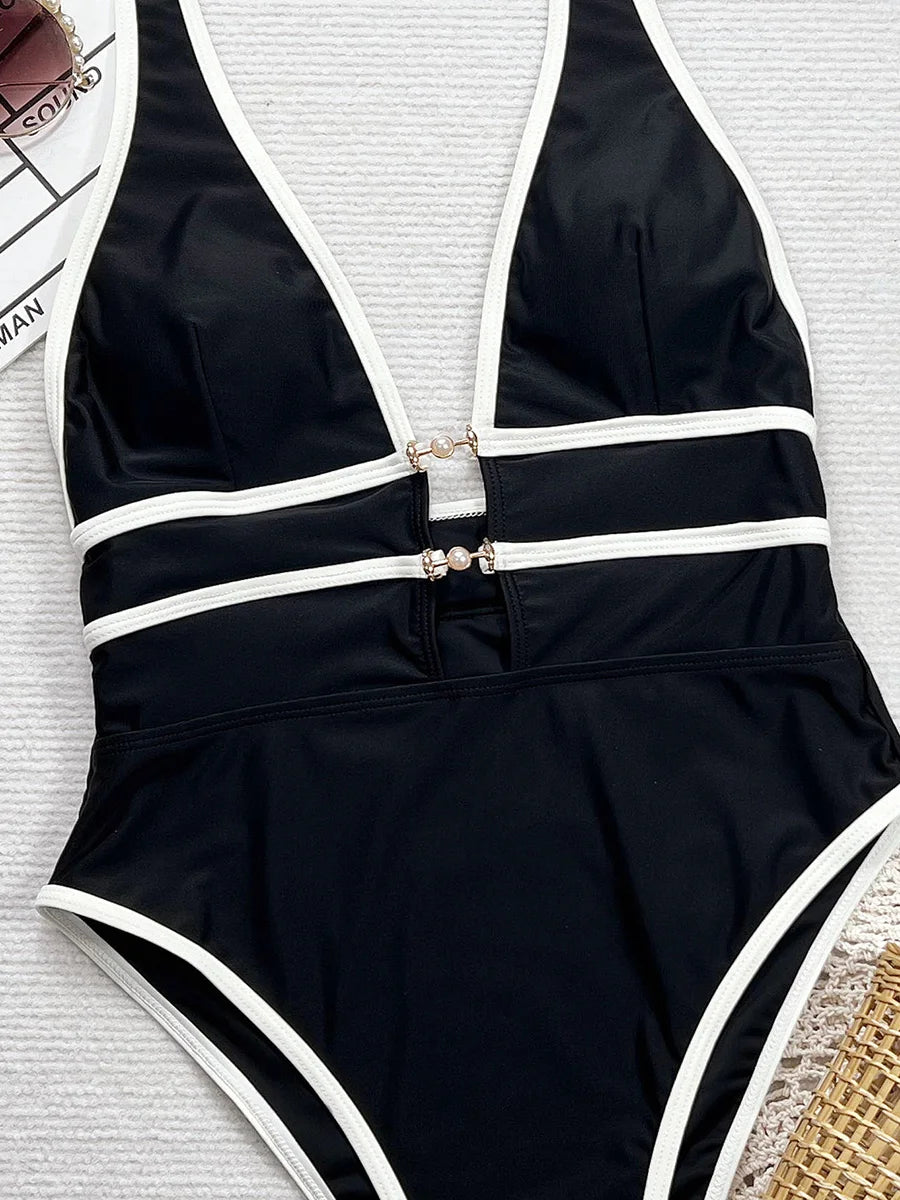 Tiger Printed Halter Deep V Neck One Piece Swimsuit Women Swimwear Female Backless Monokini High Cut Bathing Suit Swim Bodysuit