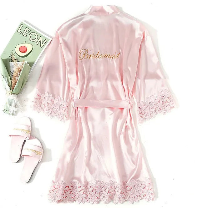 Champagne Bride Bridesmaid Wedding Robe Lace Sleepwear Home Wear Sexy Satin Bathrobe Gown Female Nightdress Intimate Lingerie