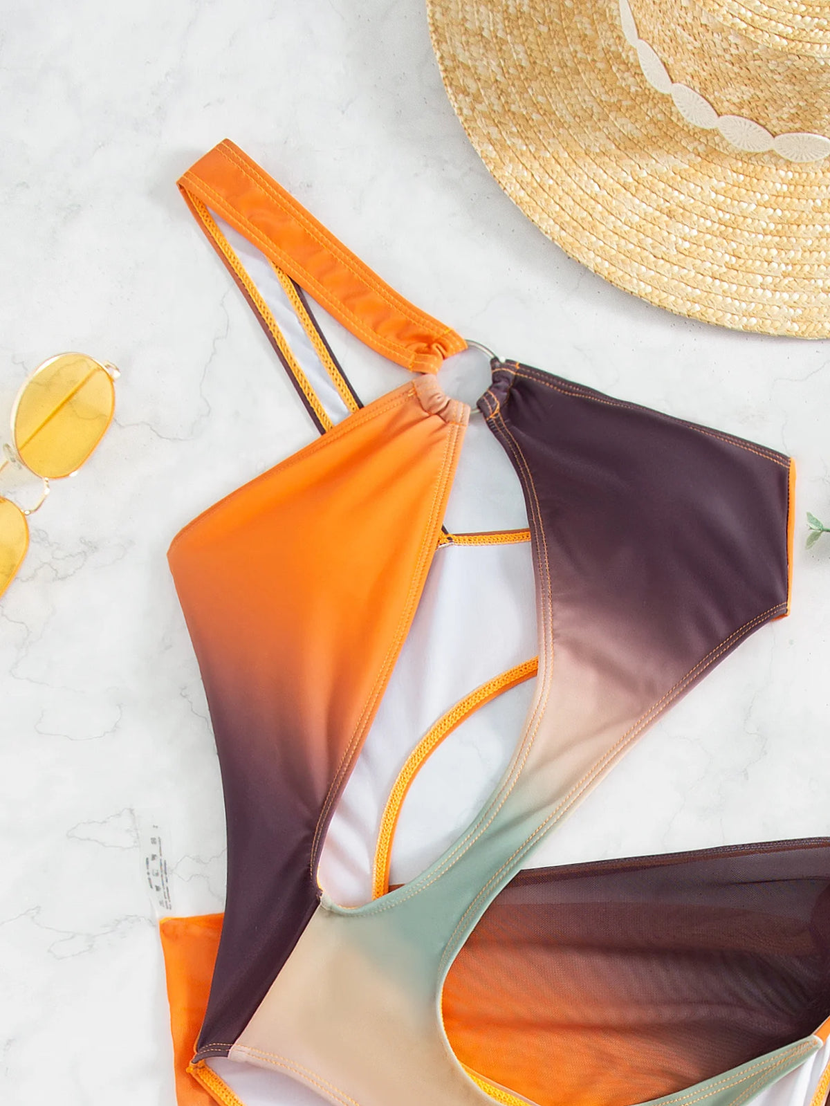 Sexy Orange Tie Dye Gradient One Piece Swimsuit 2025 Women One Shoulder Hollow Out Skirt Swimwear Bathing Suit Thong Monokini