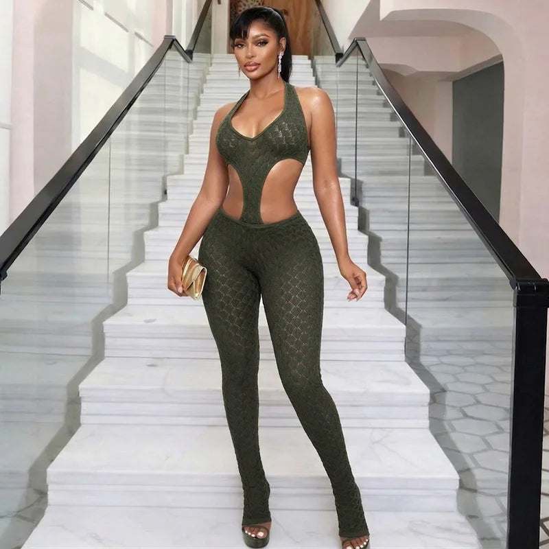 Sexy hot girl solid color see-through slim fit knitted deep V jumpsuit