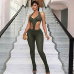 Sexy hot girl solid color see-through slim fit knitted deep V jumpsuit