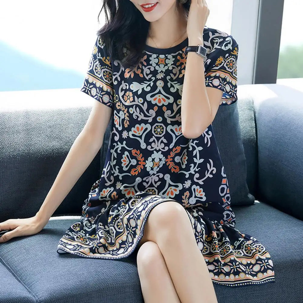 Summer Women Dress Half Sleeves Round Neck Retro Print A-line Big Hem Knee Length Loose Casual Daily Wear Vacation Midi Dress