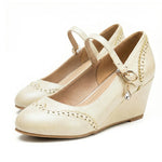 2026 Small Big Size 32-48 Vintage Green 7cm High Heels Wedges Pumps White Red Comfy Walk Summer Mary Janes Brogue Shoes Women