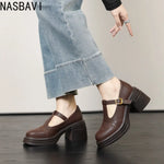 Ladies Retro Style High Heel Single Shoes for Women Platform Thick Heel Buckle Design Casual Loafers T-strap Leather shoes New