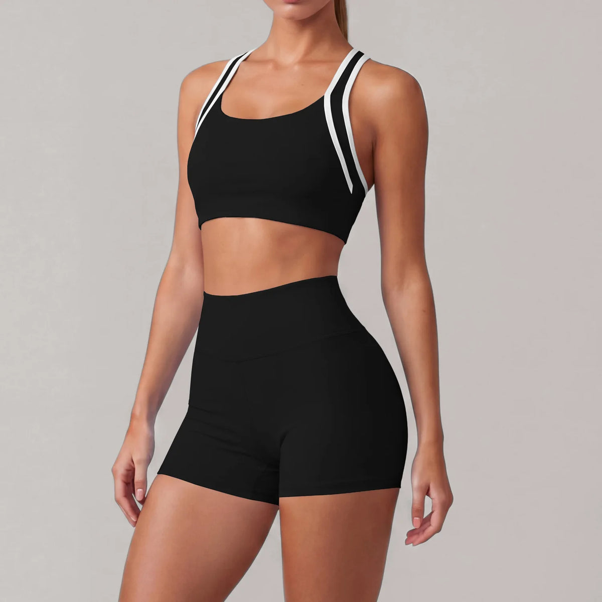 Summer 2 Pieces Yoga Sets Women Color Contrast Back I-shaped Shockproof Sports Bra High Waist Shorts Gym Fitness Suit Tracksuit
