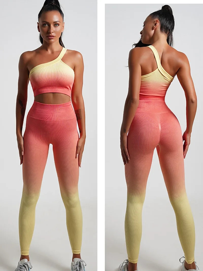 Seamless Tight Yoga Sets Sports Fitness Gradient Single Shoulder Bra High Waist Hip Lifting Pants Suits Wokout Gym Running Sets