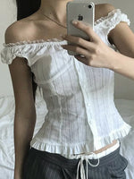 Phantasy Y2K Women Tops White Lace T-Shirt Button Tees Vintage French Style Tops 2025 Spring Summer Tops Female Streetwear