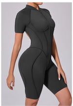 Summer Zipper Workout Jumpsuit Sports Overalls Women Running Fitness Short Sleeve Yoga Bodysuit