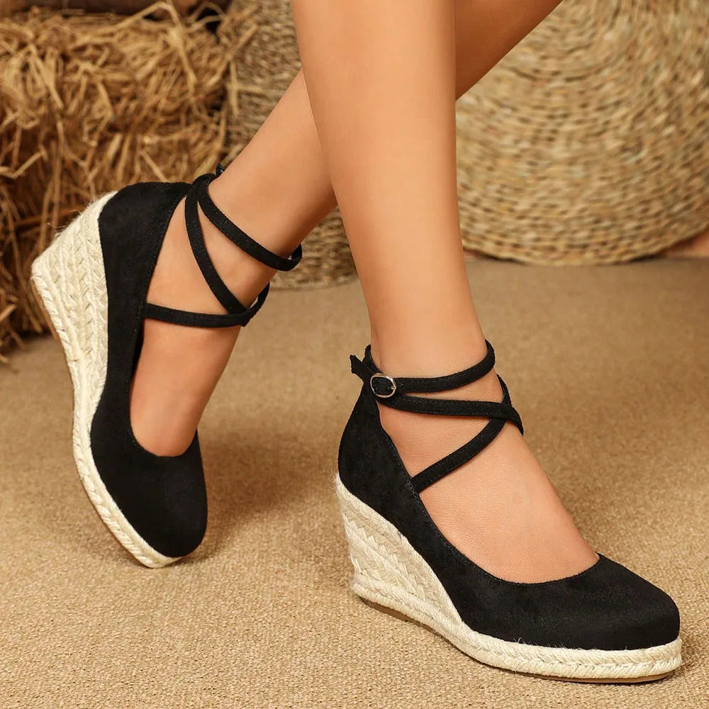Big Size 43 Comfort Summer Office Lady Platform Shoes Espadrilles Shoes Women Leisure Cross Strap High Heels Wedges Pumps Woman