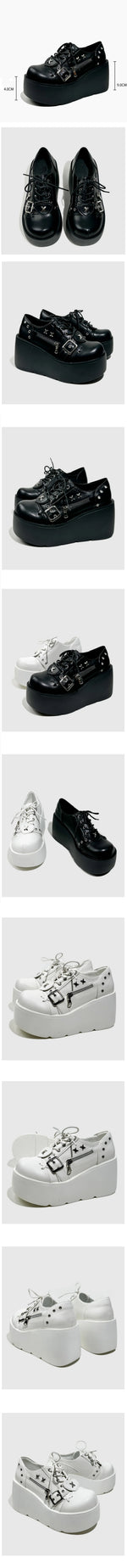 Size 42 Gothic Black Platform Creepers Shoes White Smooth Faux Leather Goth Creepers E-girl Chunky Lace Up Lolita Casual Shoes