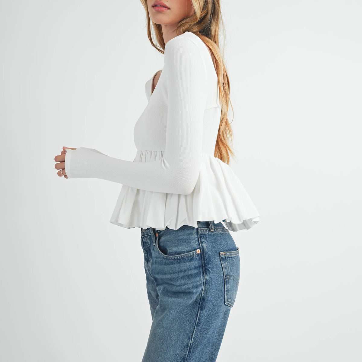 Women Long Sleeve Fall Peplum Tops Casual Solid Color Ruffled Hem Basic T-shirts Streetwear
