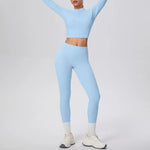 New Women Yoga Set Solid Color Double-Sided Brushed Bare Feel Short Long-Sleeve Jacket Tight Pants Running Fitness 2-Piece Set