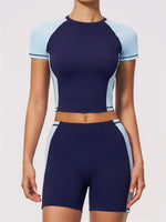 Summer New Yoga Sets Women Breathable Contrasting Color Short Sleeve Slim Sports T Shirts Training Running Shorts Fitness Suit