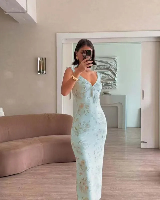 Sexy Elegant Flower Print Slim Long Dresses Women V-neck Low Cut Leace-up Backless Package Hip Bodycon Sleeveless Dress Female