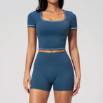 Speed Drying Tight Yoga Sets Women Color Contrast Short Sleeve Slim Sports Top High Waist Leggings Running Fitness Athletic Wear