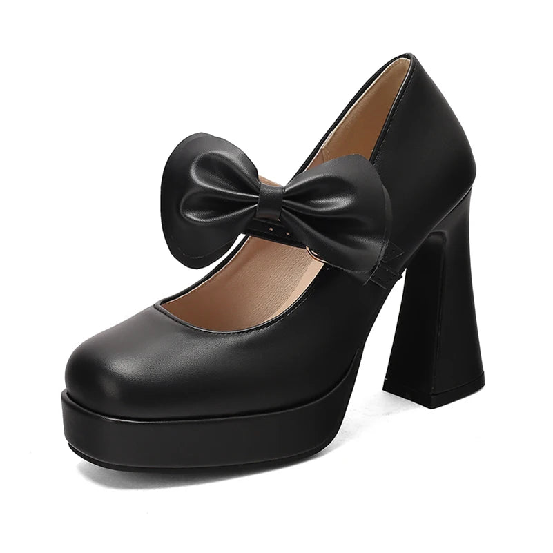 Plus Size Women's Bow Mary Janes Platform Chunky Heels Ankle Strap High Heel Pumps Sweet Lolita Party Dress Shoes