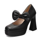 Plus Size Women's Bow Mary Janes Platform Chunky Heels Ankle Strap High Heel Pumps Sweet Lolita Party Dress Shoes