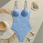 Vintage Blue Wave One Piece Swimwear Women 2026 Beading Strap Push Up Underwire Tummy Control Bathing Suit One Piece Swimsuit