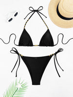 Sexy Coffee Bikini Set Women Pearls Strap Push Up Bandage Thong Swimsuit 2025 Brazilian Summer Bathing Suit Micro Swimwear