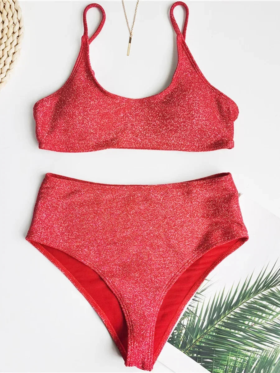 2025 Glitter Sparkling Female Swimsuit High Waist Bikini Women Swimwear Two Pieces Bikini Set Wrinkled Bandeau Bathing Suit Swim