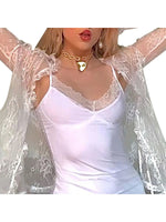 Women Floral Lace Shirts Long Sleeve Front Tie-up Smock Tops Sexy Beach Tops and Blouses Female See Through Cover-ups