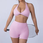 2PCS Nude Sexy Yoga Set Halter Neck Sports Bra And Shorts Breathable Fitness Training Underwear Slimming Beautiful Back Design