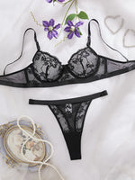 “Women's Black Lace Bra and Thong Set - Sexy Sheer Underwire Lingerie, Floral Embroidery, Seductive Nightwear”