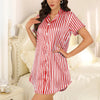 Women's Sleepwear Striped Button-Up Shirt Pajama Dress Summer Short Sleeve Dress Nightwear Sexy Silk Nightgown Night Wear