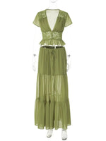 FDYOUI Sexy V-neck Lace Patchwork T-shirt Tops+Long Skirt 2 Piece Set Women's Summer Green Holiday Party Dress Suit Streetwear
