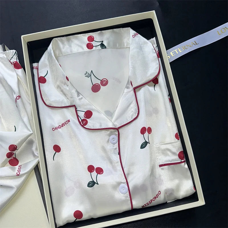 Cherry Print Pajamas Set for Women Summer Satin Two Piece Sleepwear Short Sleeve Shirt and Shorts Casual Fashion Homewear