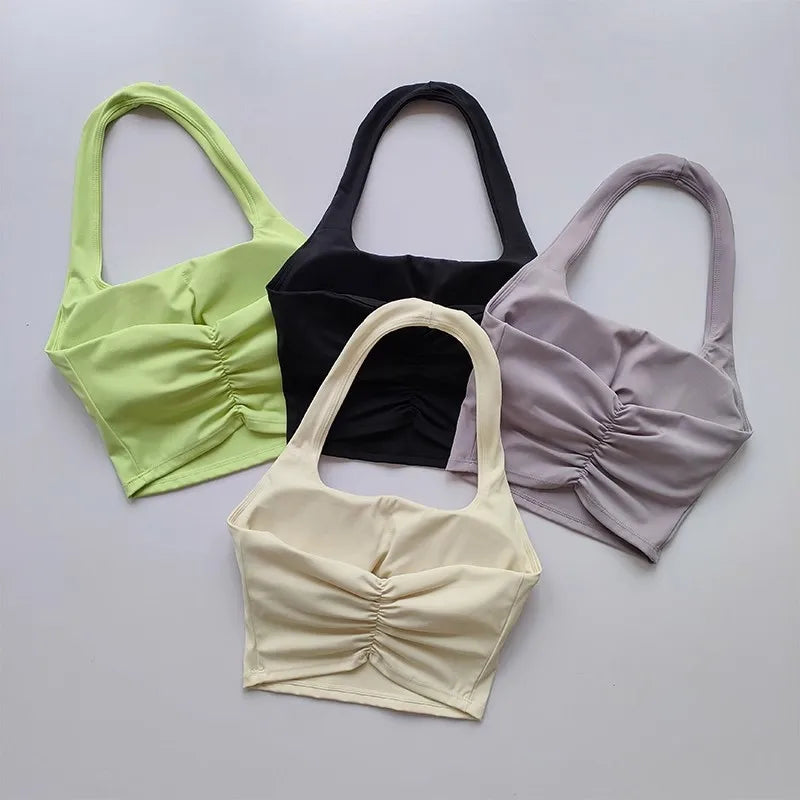Women's Yoga Sports Bra Sexy Neckband Chest Cushion Beautiful Back Fashionable Pleat Gathering Sports Bra for Fitness