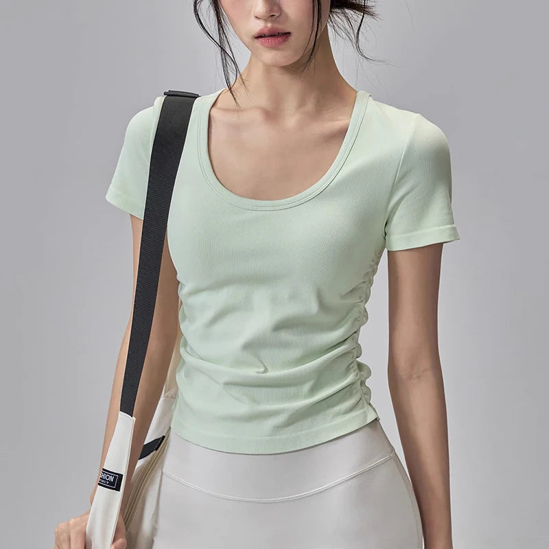Big round Neck Yoga T-Shirt Short-Sleeved Slimming Sports Top with Fixed Chest Cushion for Running Pilates Summer Stretch