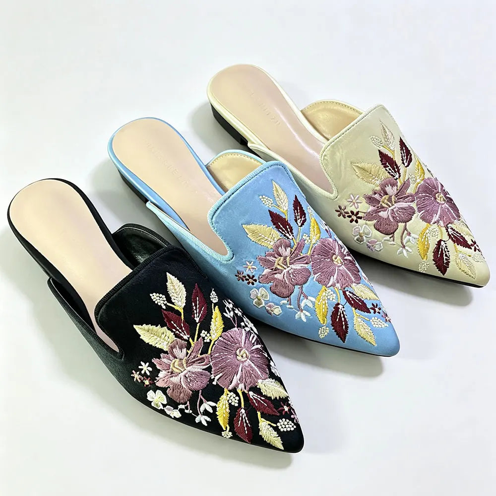 2026 Big Size 43 Summer Women's Blue Mules Slipper Sandals with Silk Flowers Embroidery Comfy Walking Slide Flat Satin Shoes