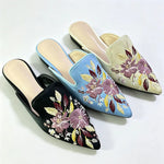 2026 Big Size 43 Summer Women's Blue Mules Slipper Sandals with Silk Flowers Embroidery Comfy Walking Slide Flat Satin Shoes