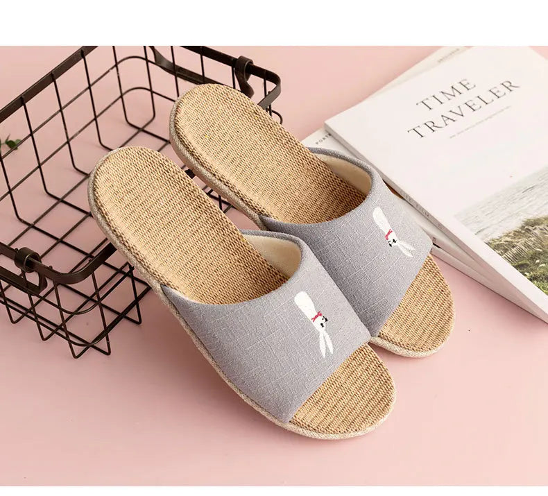Breathable Cotton Flax Slippers For Women Men Indoor Shoes Anti-slip Light Weight Cute Cartoon Couples Home Floor Slides