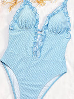 Sexy Sky Blue Deep V Neck One Piece Swimwear Women Lace Trim Slim Tummy Control Swimsuit Beach Holiday Bathing Suit Bikini 2026