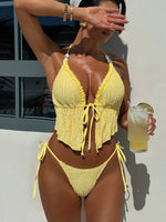 DEKA Yellow Triangle Vest Bikini Set Women String Halter Thong Sexy Swimsuit Heart Bead Swimwear Bathing Suit Lace up Bikinis