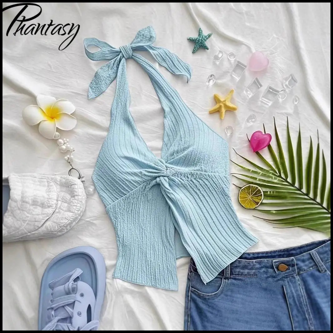 Sweet Bow-Tie Neckline Halter Topfor Women Hot Girl Solid-Color Cropped Knit Tank Top Summer Beach Outfit Female Clothes