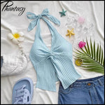 Sweet Bow-Tie Neckline Halter Topfor Women Hot Girl Solid-Color Cropped Knit Tank Top Summer Beach Outfit Female Clothes