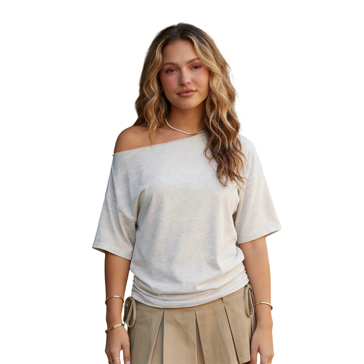 Women's Solid Color Going out Tops Off-Shoulder Tops Trendy Fitted Waist Ruched Short Sleeve T-shirts for Streetwear