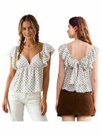 Women's Summer Tiered Cap Sleeve Crop Tops Dot Print V-Neck Cute Back Bow Babydoll Tee