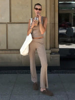 Solid Color Slim-fit Stretch Tank Top & Pants Set Sleeveless Casual Vest Outfit for Women