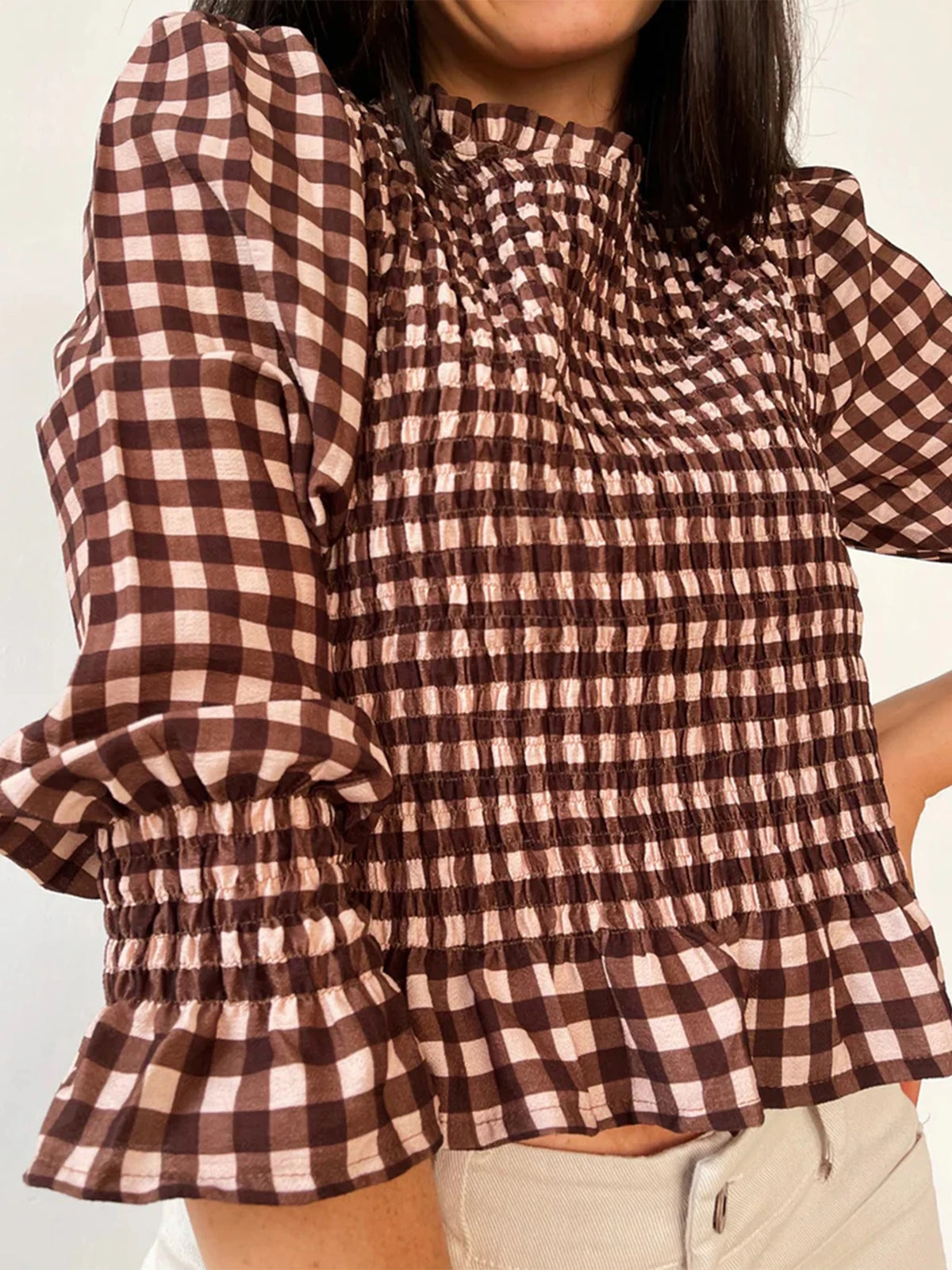 Women Fashionable Casual Round Neck Smocked Bubble 3/4 Sleeve Tops Summer Fall Plaid Print Ruffled T-shirts