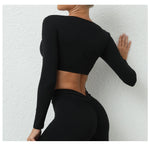 Long Sleeve Gym Crop Tops for Women Twist Deep V Workout Quick Dry Padded Sports Fitness Yoga T-Shirt